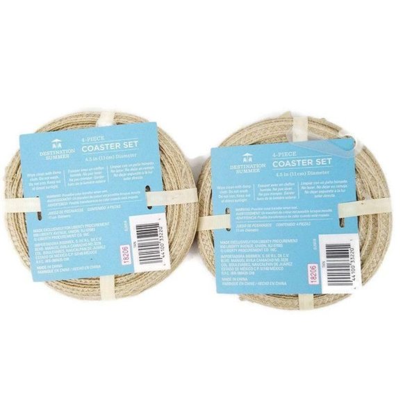 Destination Summer Coaster Set Tan Indoor Outdoor Round Lot of 8 Wipe Clean NEW - Picture 4 of 5